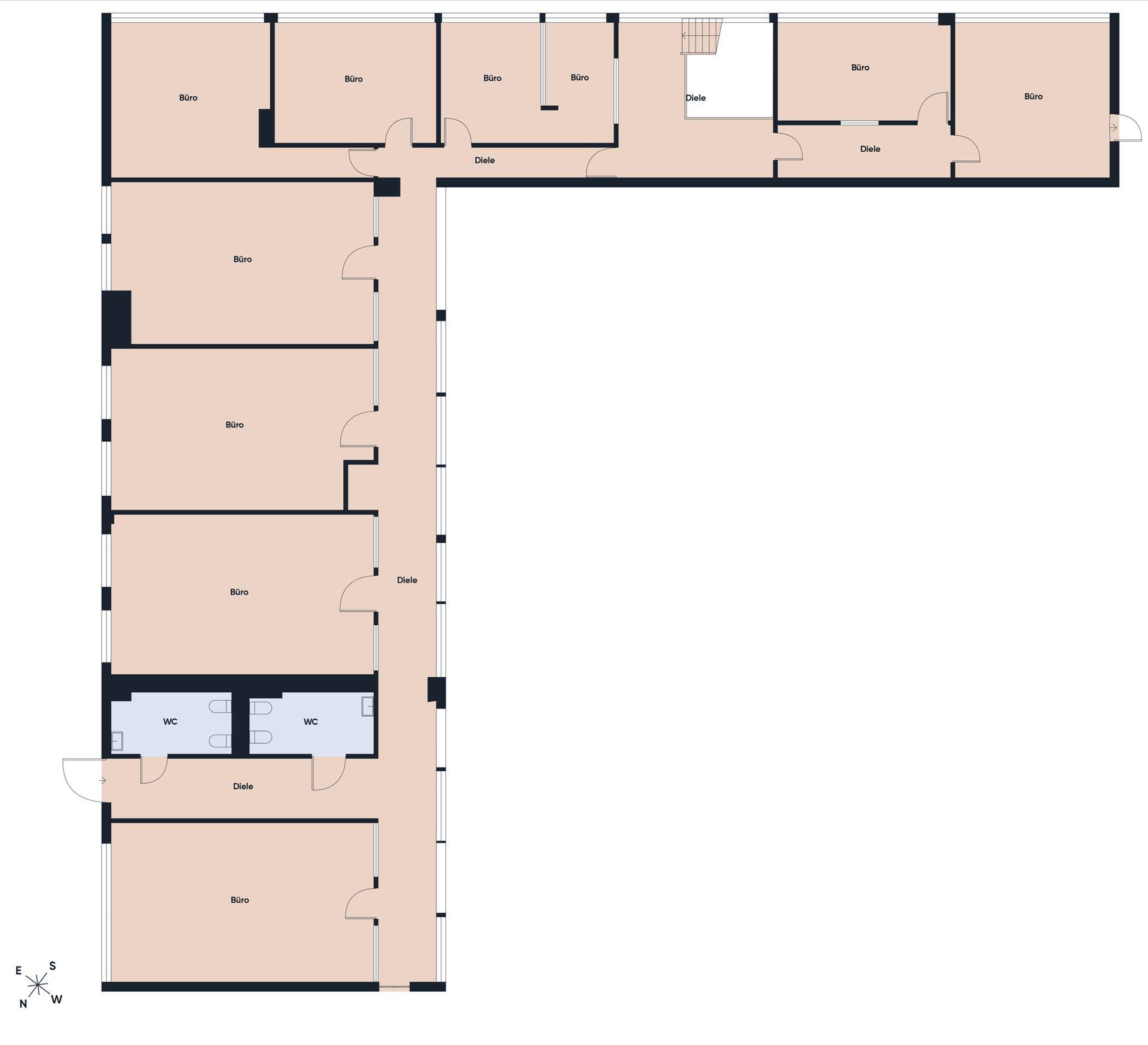 Grundrissplan zeigt die Aufteilung in mehrere Büroräume, Flure und Sanitärbereiche auf einer Etage.