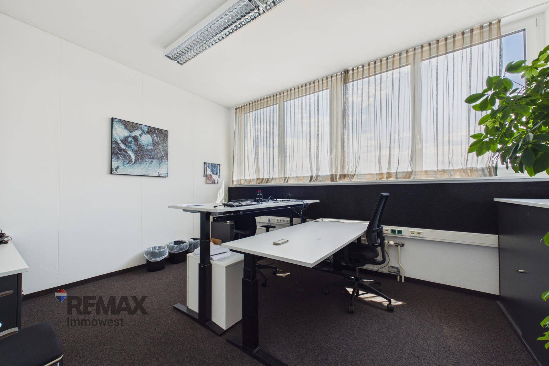 Modernes Büro mit höhenverstellbaren Schreibtischen, ergonomischen Stühlen und großen Fenstern.