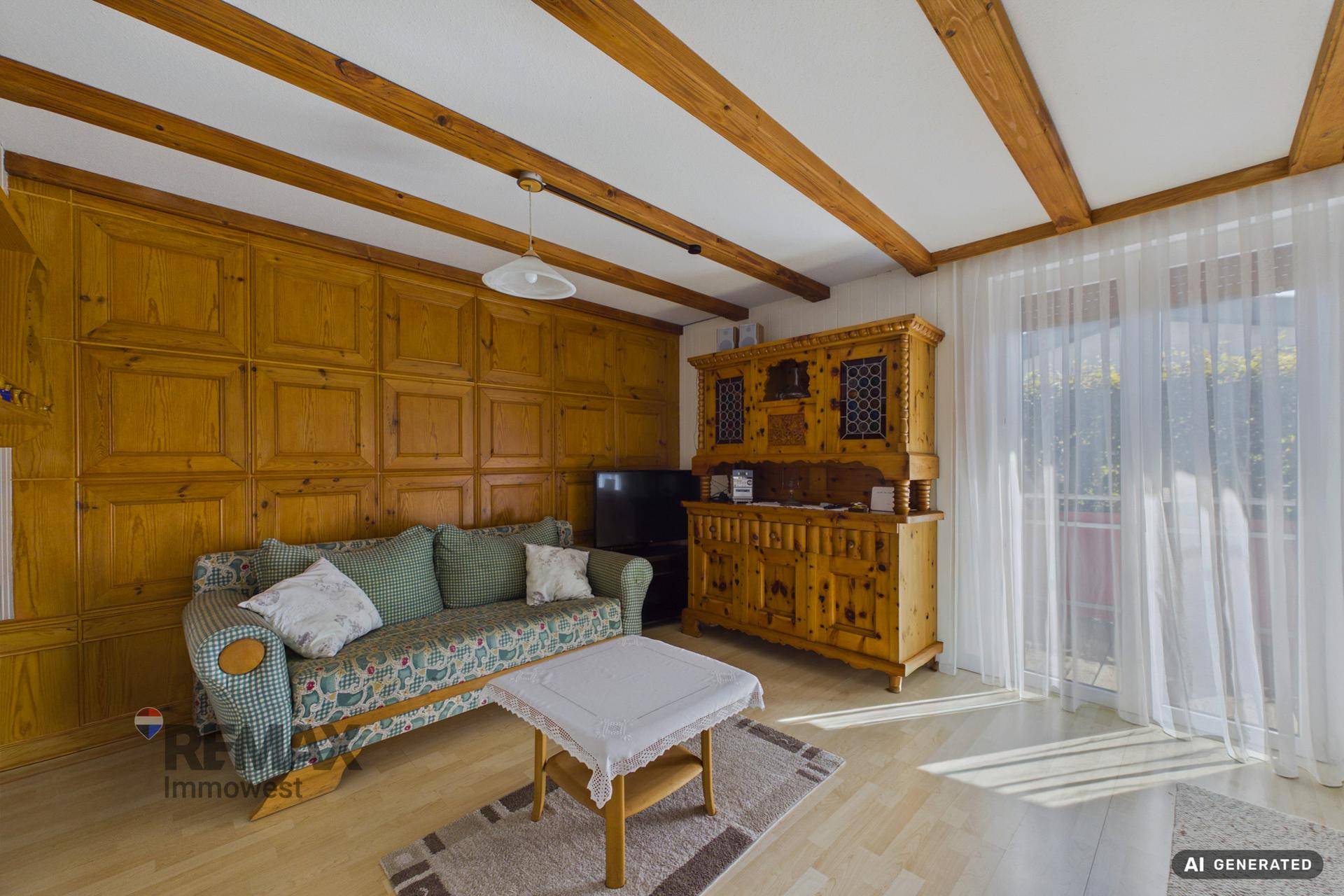 Rustikales Wohnzimmer mit Holzvertäfelung, freiliegenden Balken und einem Sofa.