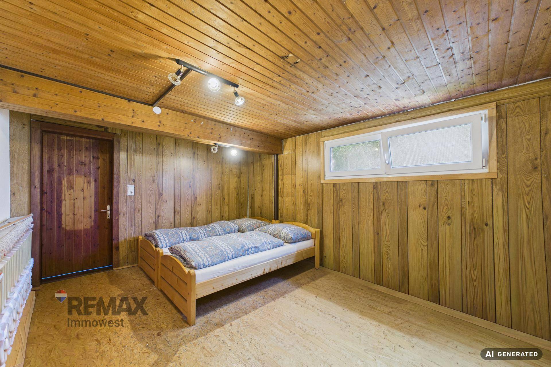 Gemütliches Schlafzimmer mit zwei Einzelbetten, Holzverkleidung an Wänden und Decke sowie einem Fenster.