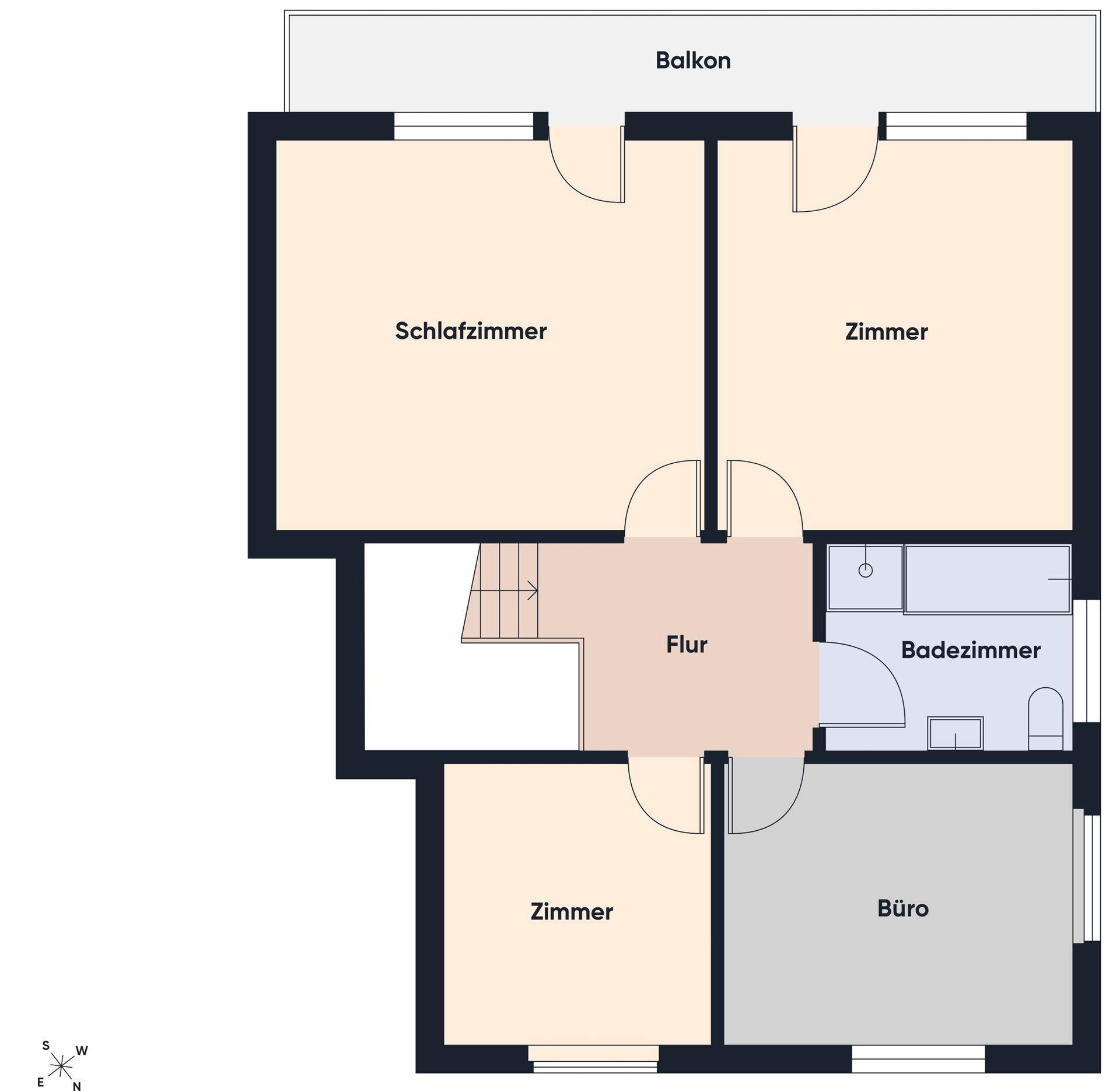 Grundriss des Obergeschosses mit Schlafzimmern, Badezimmer, Büro und Balkon.
