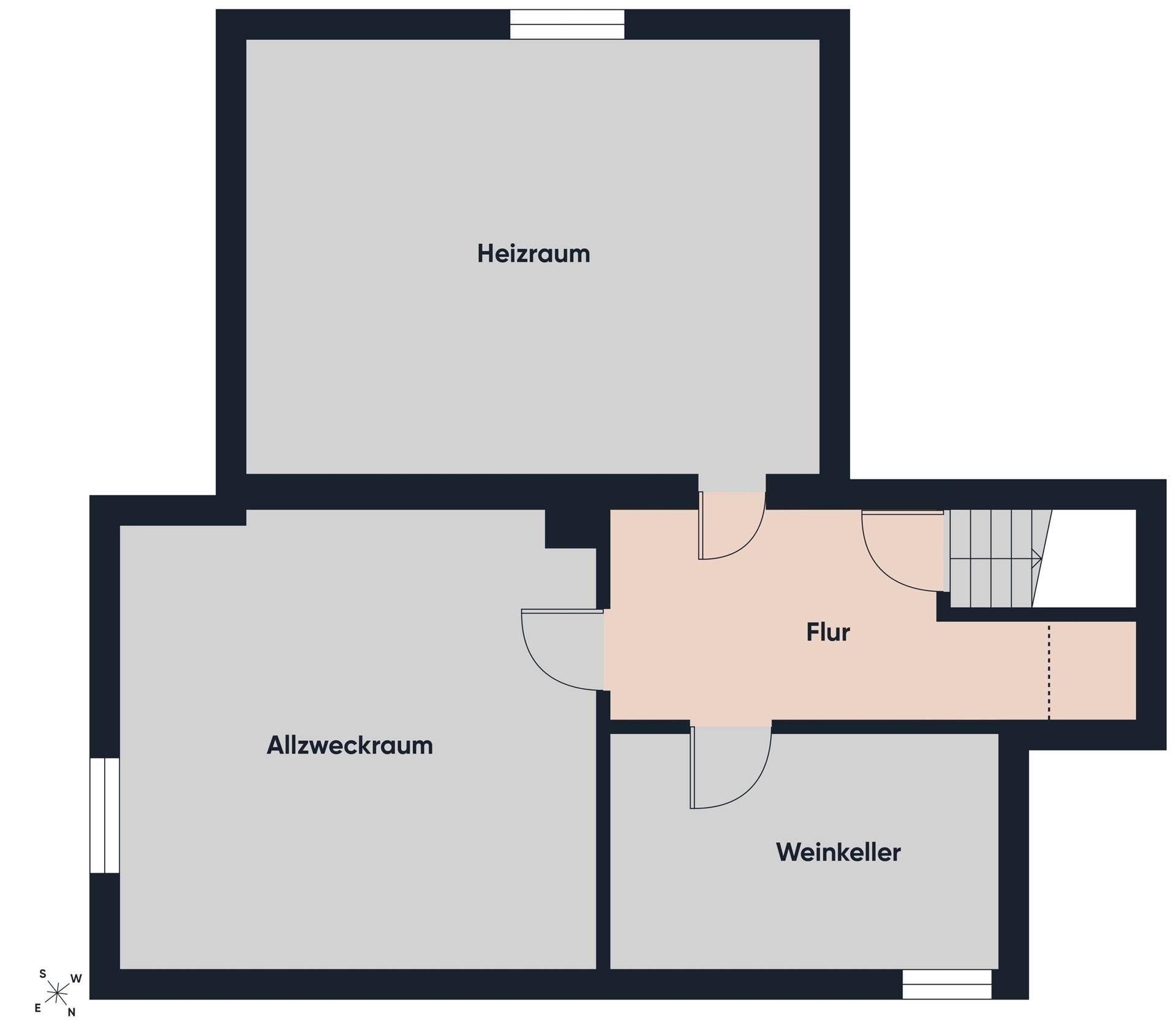 Grundriss des Kellergeschosses mit Heizraum, Allzweckraum und Weinkeller.