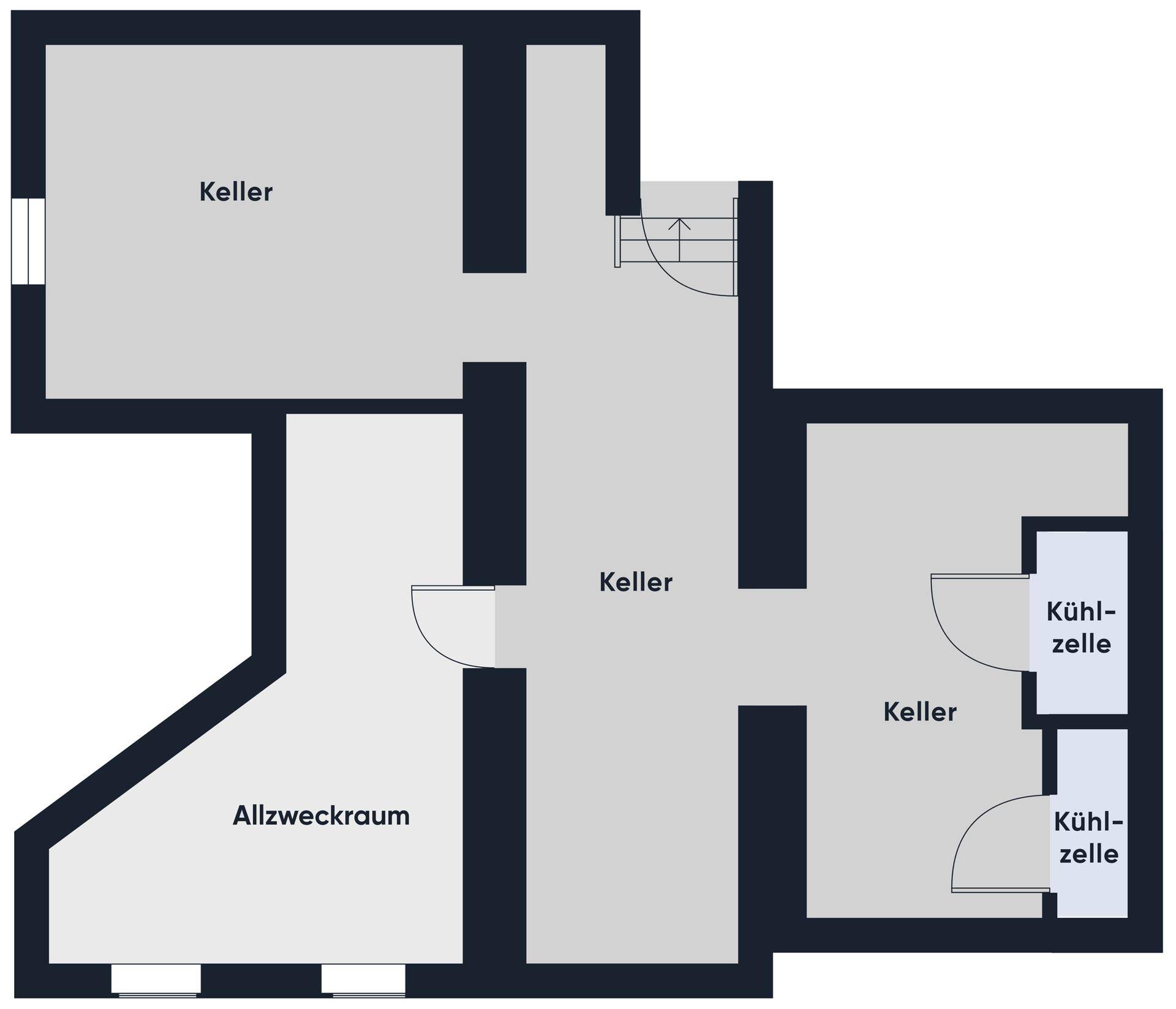 Grundriss des Kellergeschosses mit mehreren Kellerräumen und Kühlzellen.