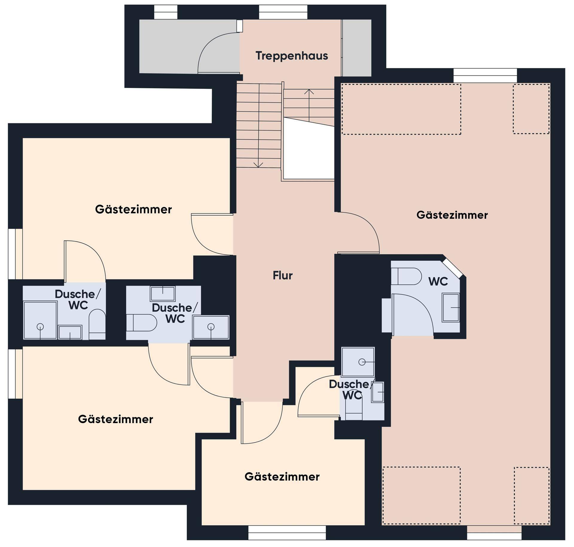 Grundriss mit mehreren Gästezimmern, Bädern und einem Treppenhaus.