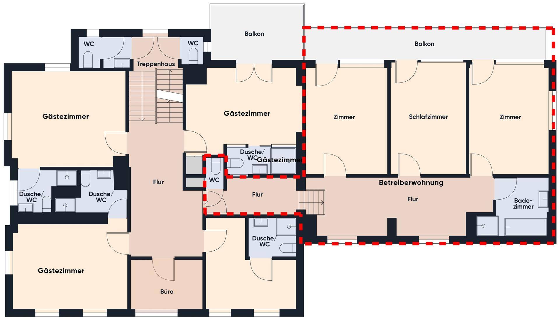 Grundriss mit mehreren Gästezimmern, Bädern und einer Betreiberwohnung mit Balkon.
