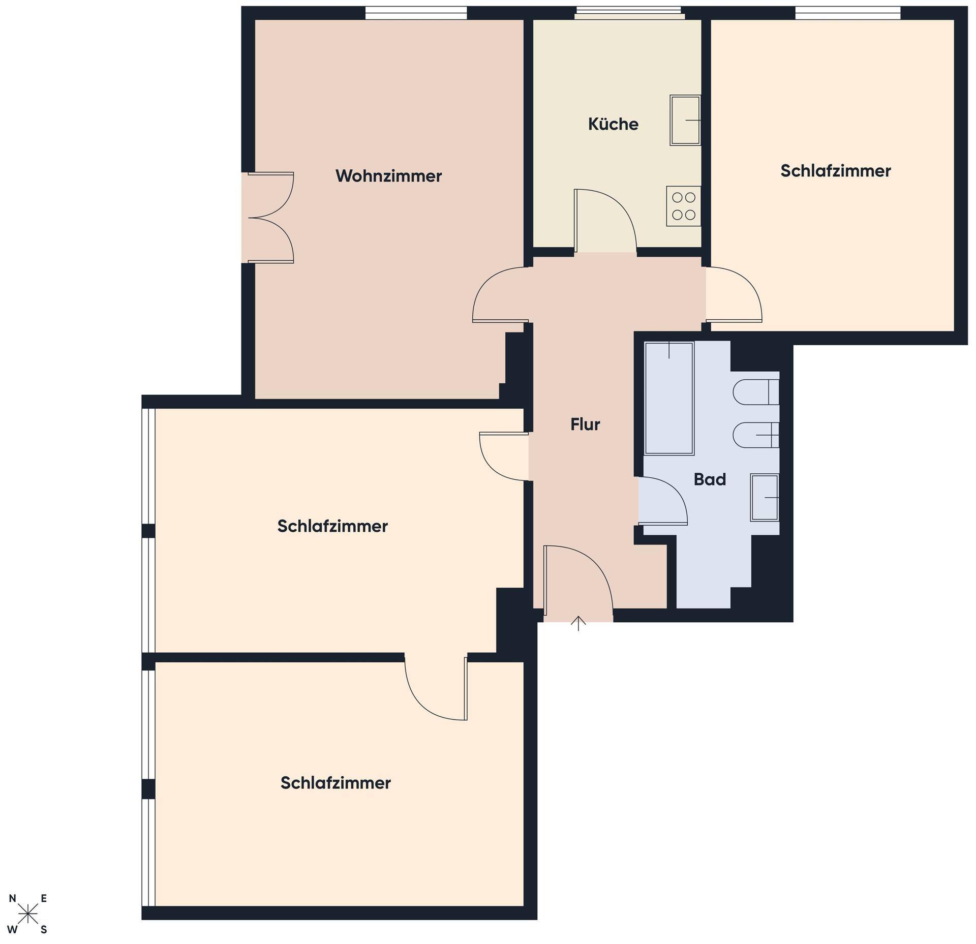 Grundriss einer Wohnung mit Wohnzimmer, Küche, Bad und drei Schlafzimmern.