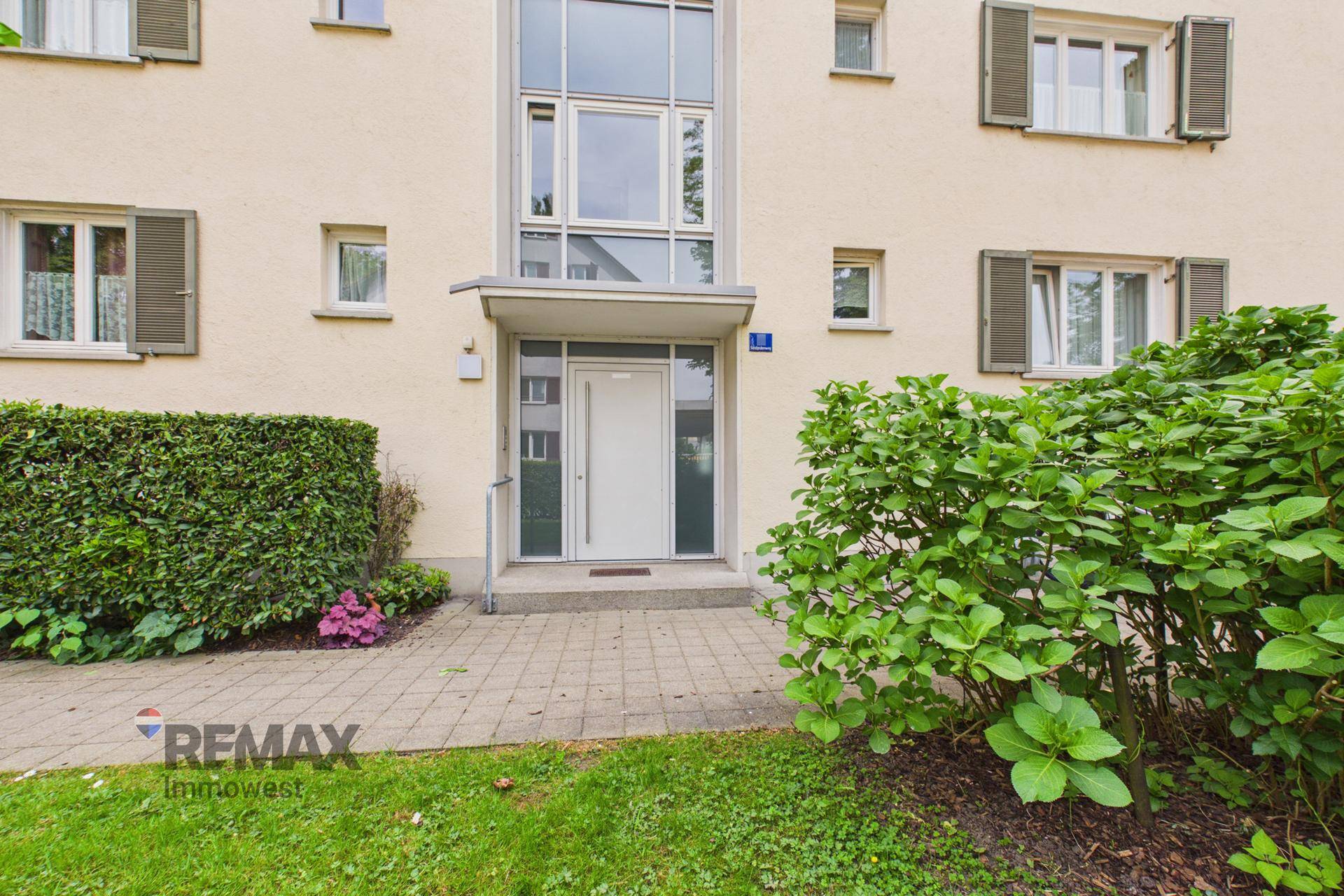 Eingangsbereich des Mehrfamilienhauses mit moderner Haustür und gepflegter Bepflanzung.