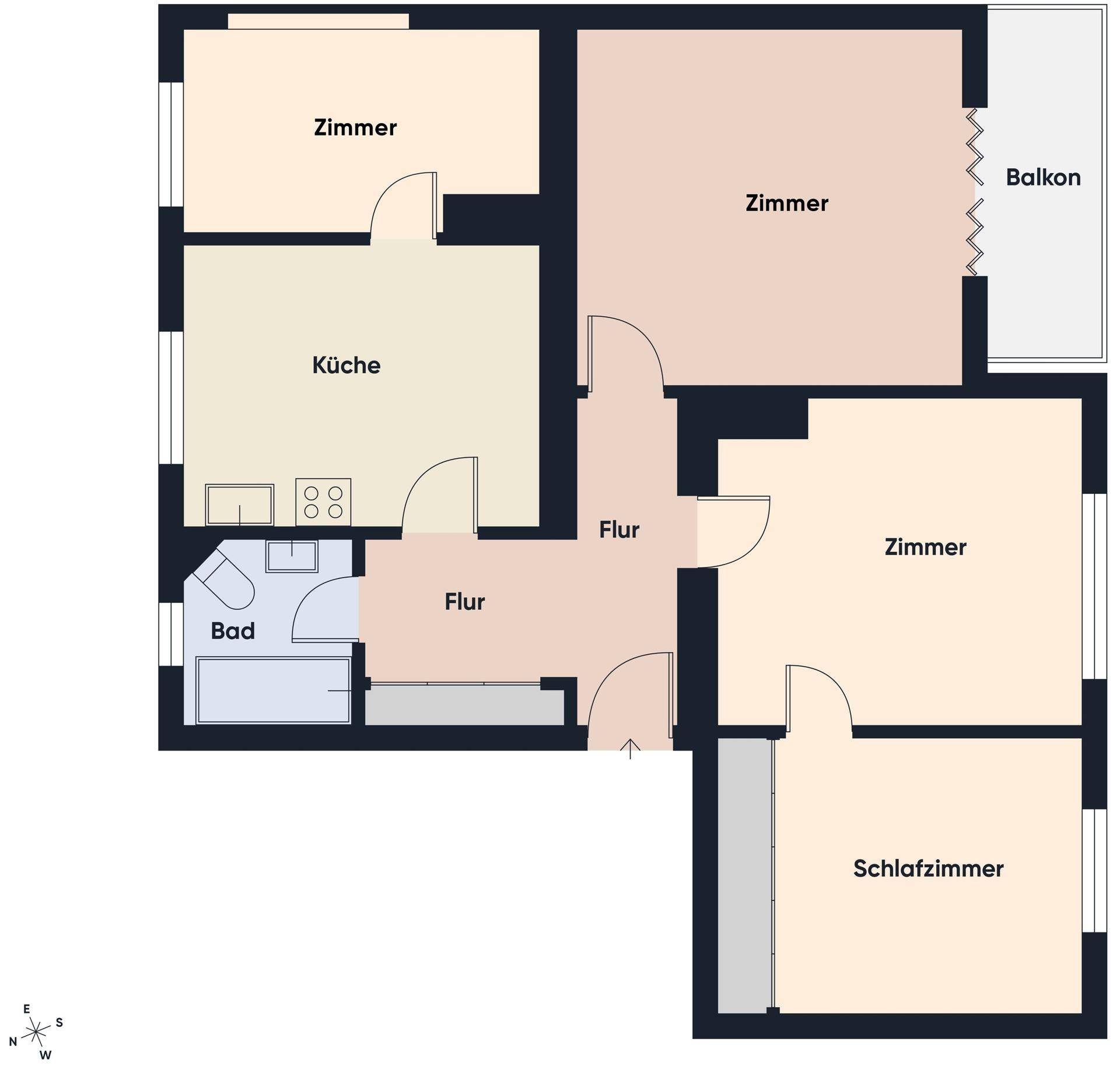 Grundriss der Wohnung mit Zimmern, Küche, Bad und Balkon.