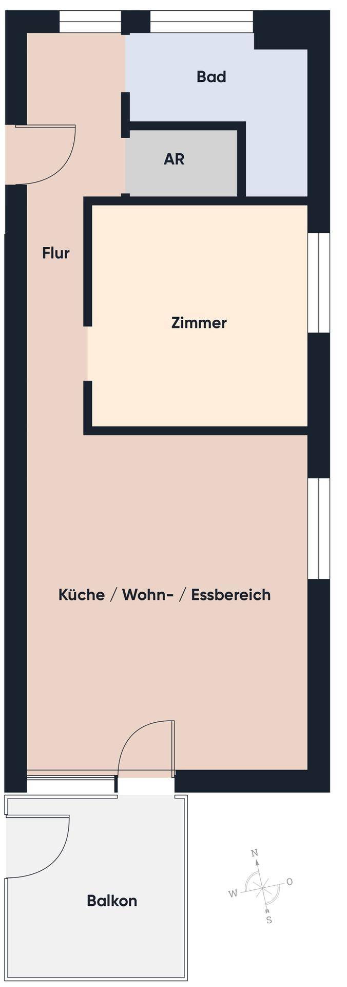 Grundriss einer Wohnung mit Balkon, Bad, Zimmer und offenem Wohn-Essbereich.