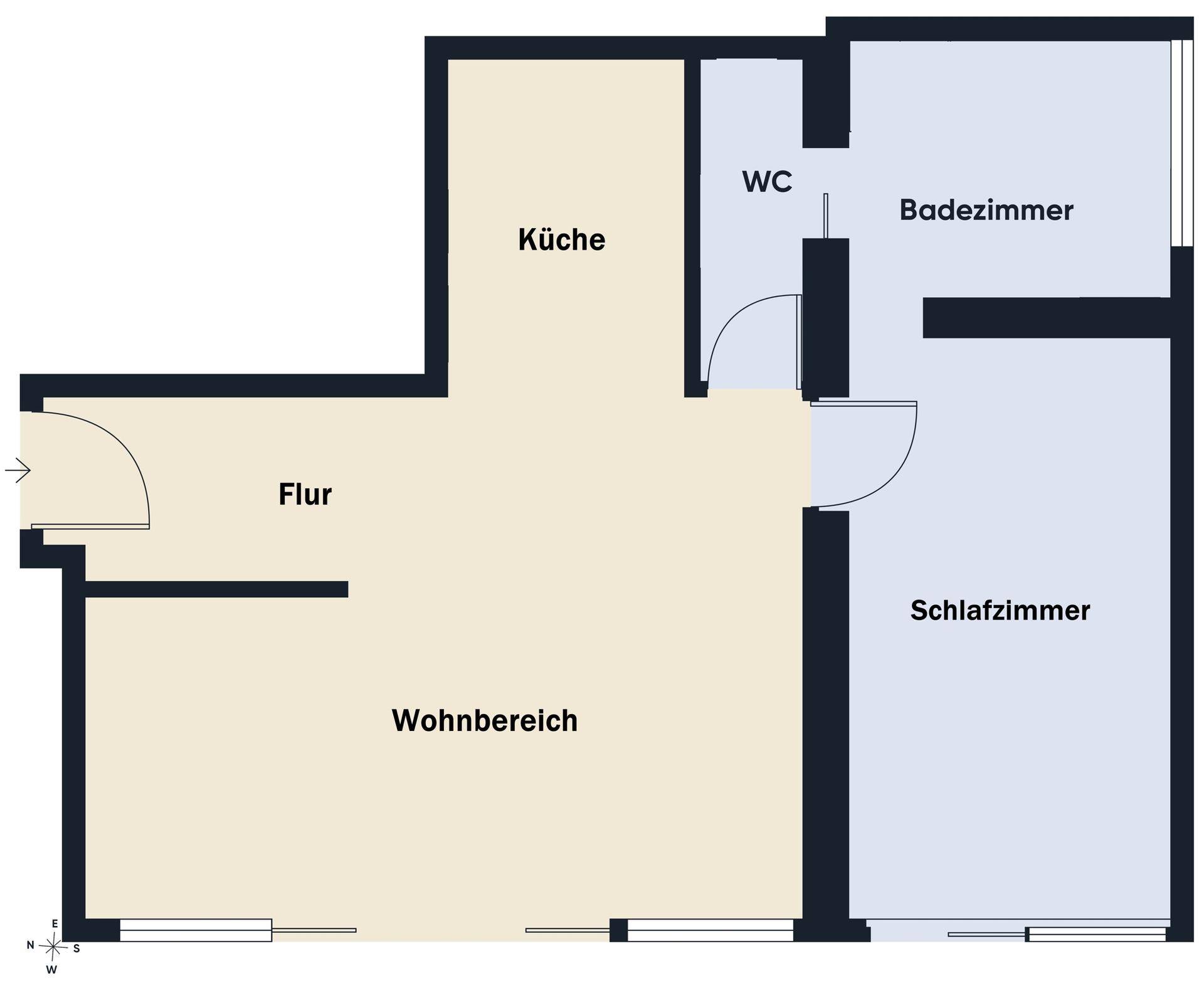 Grundriss einer Wohnung mit offener Küche, Wohnbereich, Schlafzimmer, Badezimmer und separatem WC.