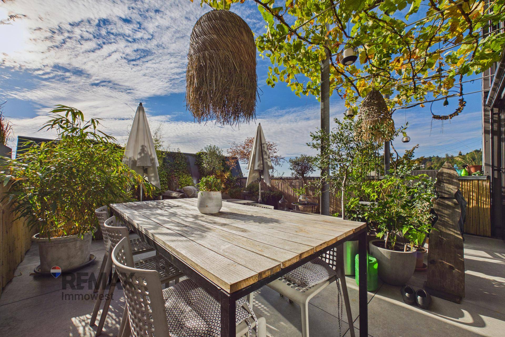Großer Esstisch auf der Terrasse, umgeben von Pflanzen und mit Blick auf die grüne Umgebung.