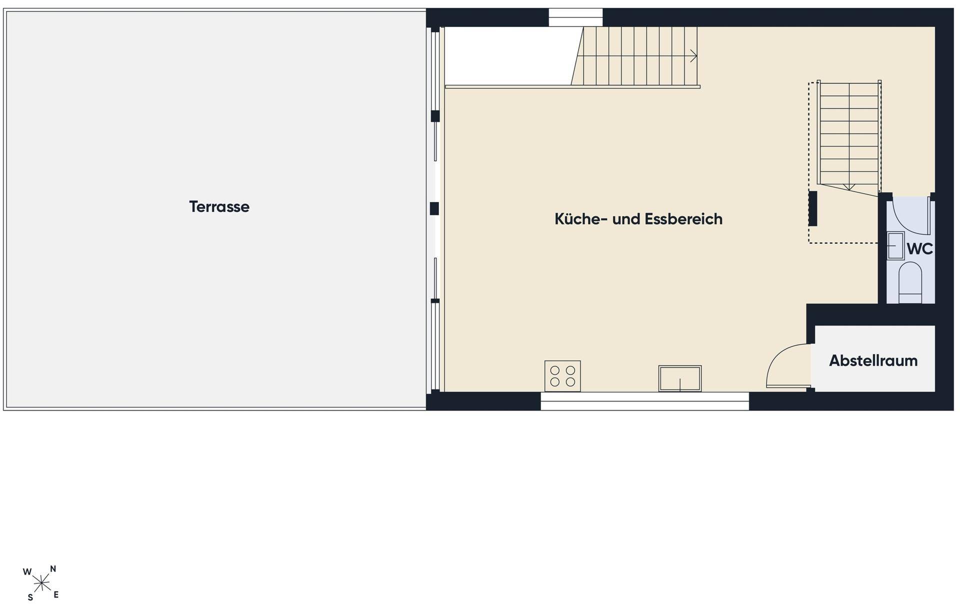 Grundriss mit großer Terrasse, offenem Küchen- und Essbereich sowie separatem WC.