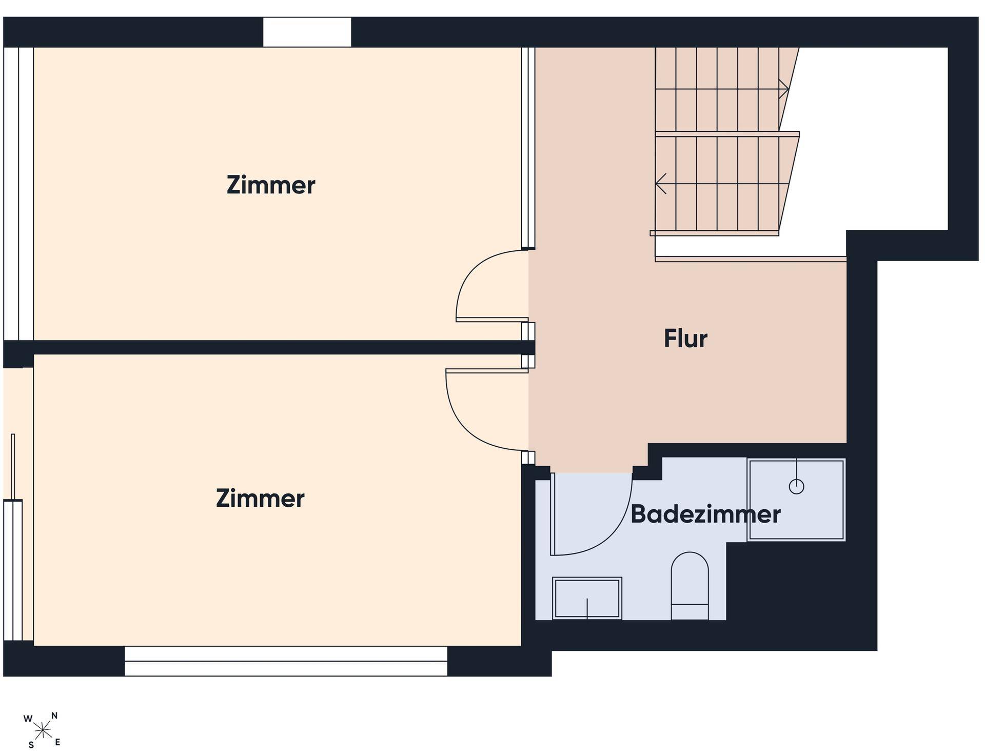 Grundriss des Obergeschosses mit zwei Zimmern, Flur und einem Badezimmer.