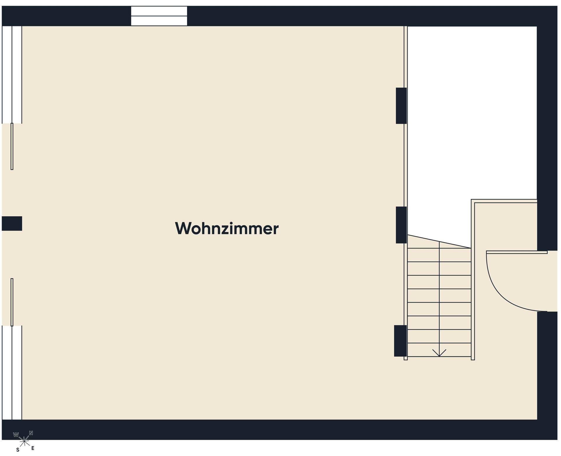 Grundriss des Wohnzimmers mit großen Fenstern und Zugang zur Treppe.