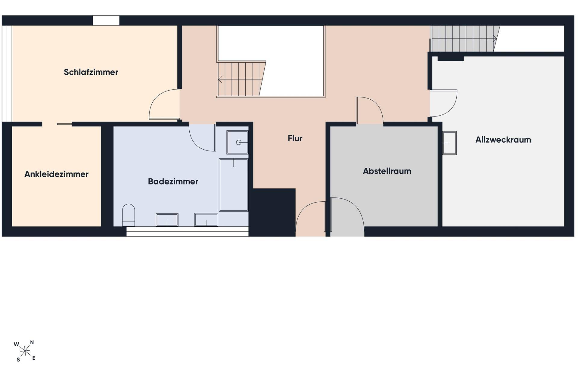 Grundriss mit Schlafzimmer, Ankleidezimmer, Badezimmer, Abstellraum und Allzweckraum.