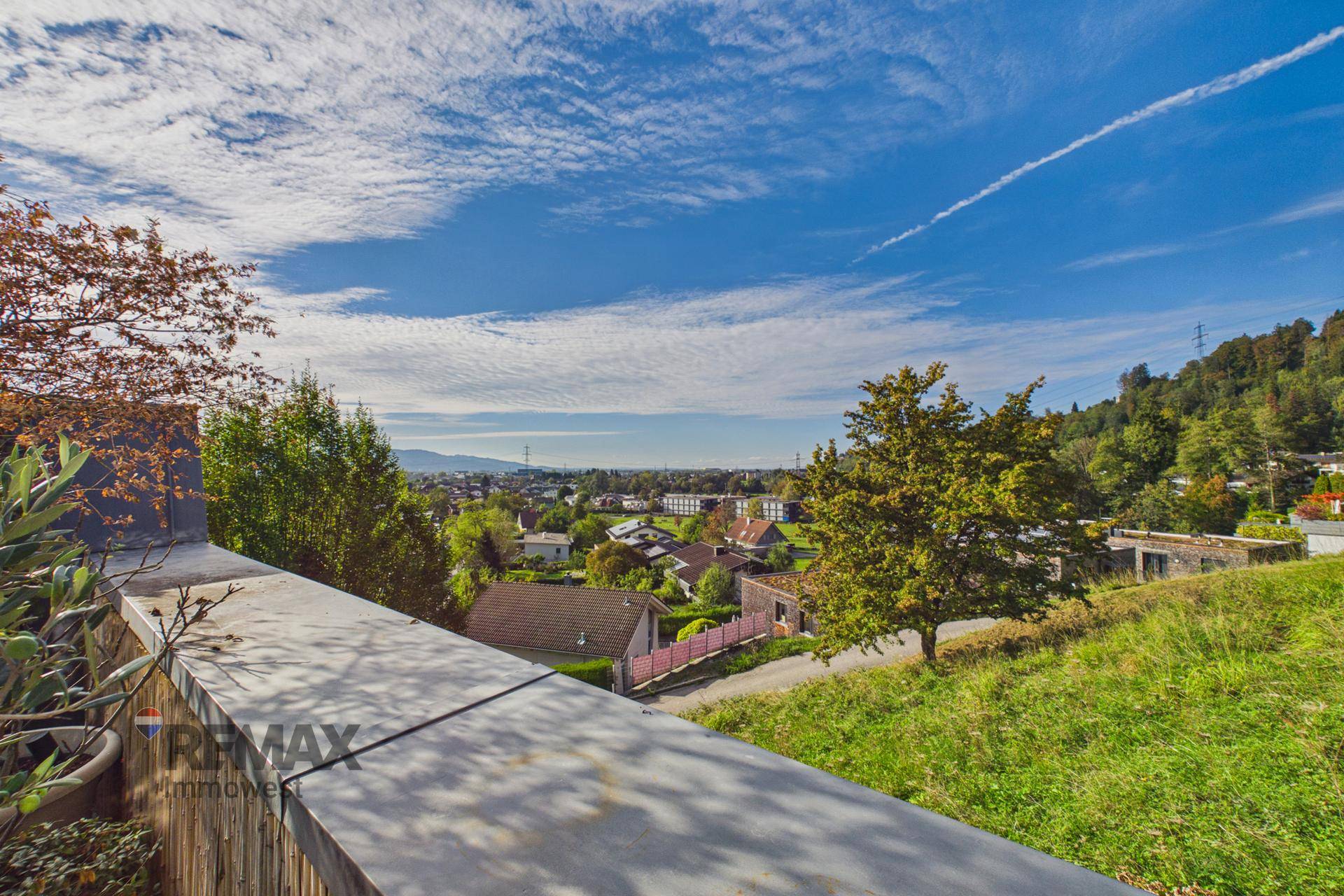 Panoramablick über eine grüne Landschaft mit Häusern und Bergen unter weitem Himmel.