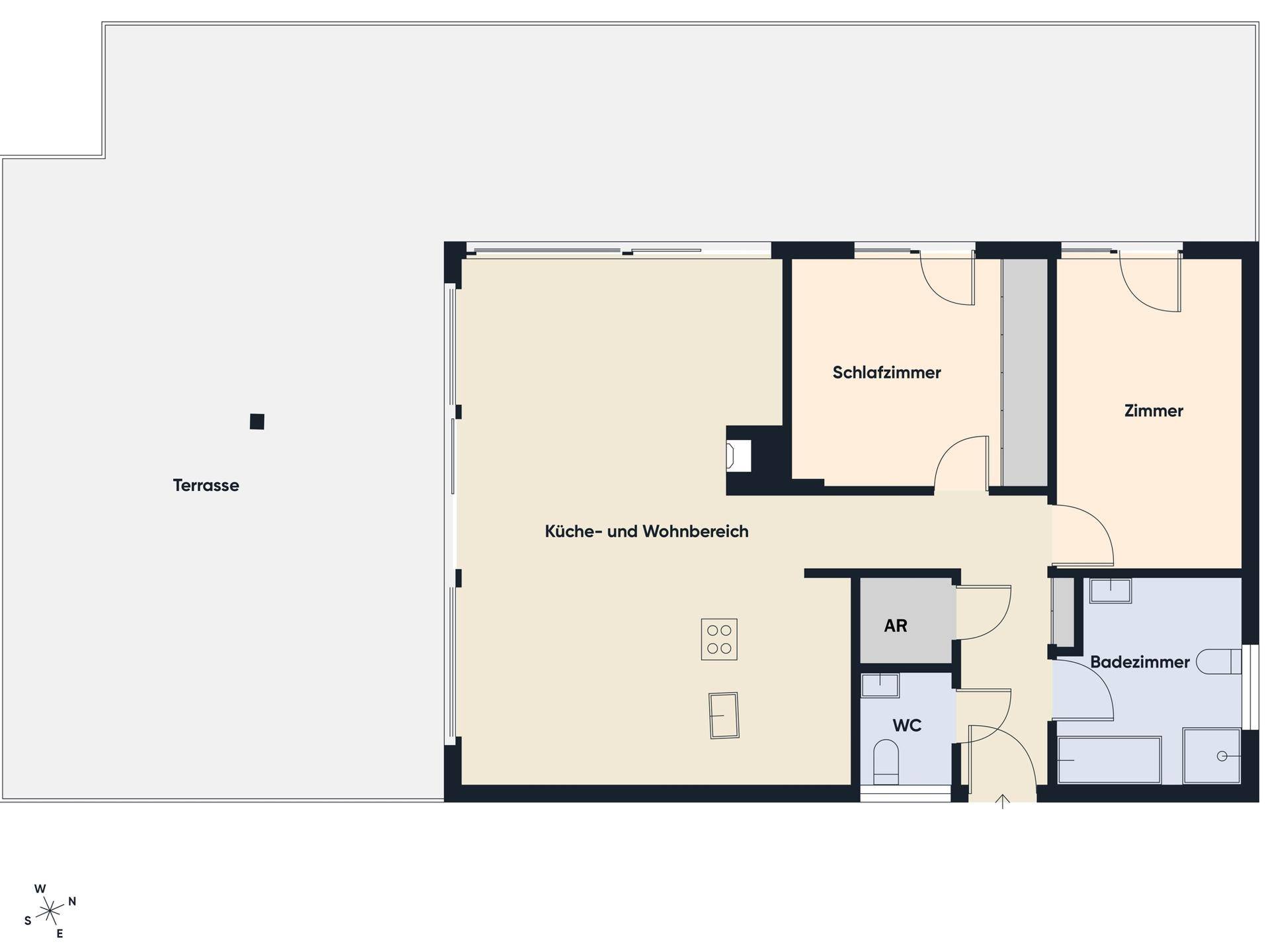 Grundriss einer Wohnung mit Terrasse, Küche-Wohnbereich, zwei Zimmern und Badezimmer.