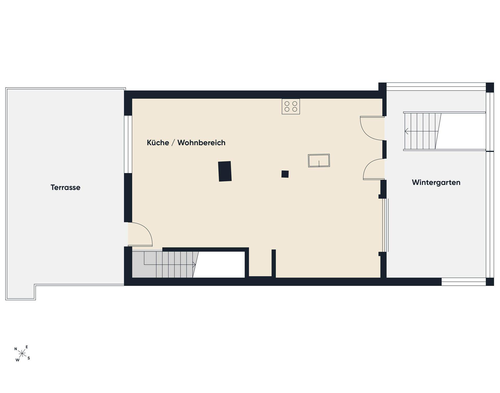 Grundriss des Obergeschosses mit offenem Küchen-/Wohnbereich, einer Terrasse und einem Wintergarten.