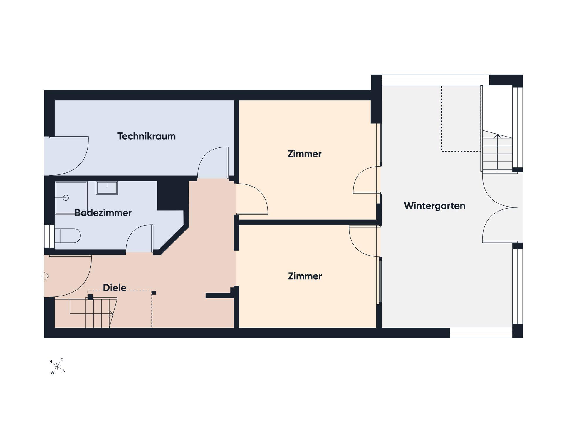 Grundriss des Erdgeschosses mit Technikraum, Badezimmer, zwei Zimmern und einem Wintergarten.