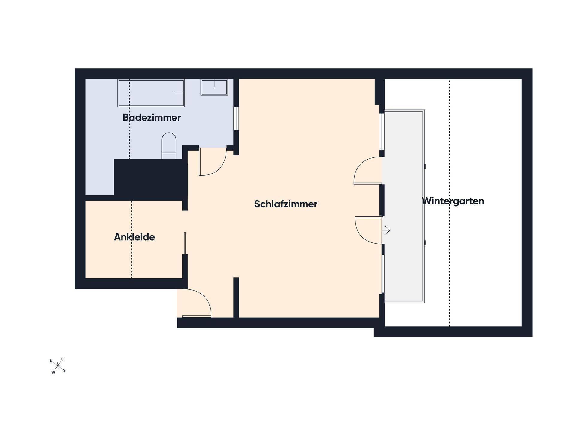 Grundriss des Dachgeschosses mit Schlafzimmer, Badezimmer, Ankleidebereich und einem Wintergarten.