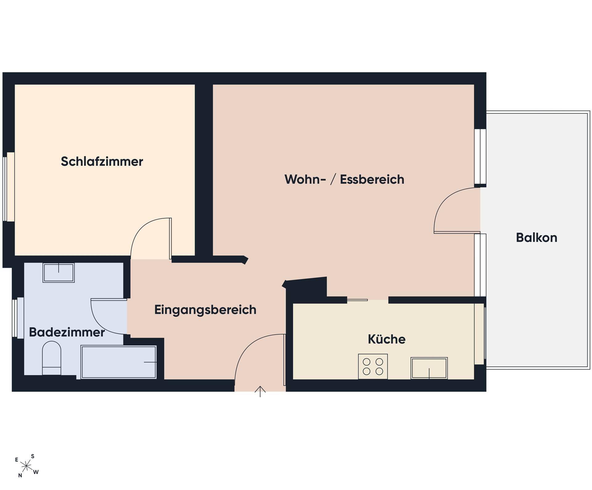 Grundriss der Wohnung mit Schlafzimmer, Wohn-/Essbereich, Küche, Bad und Balkon.