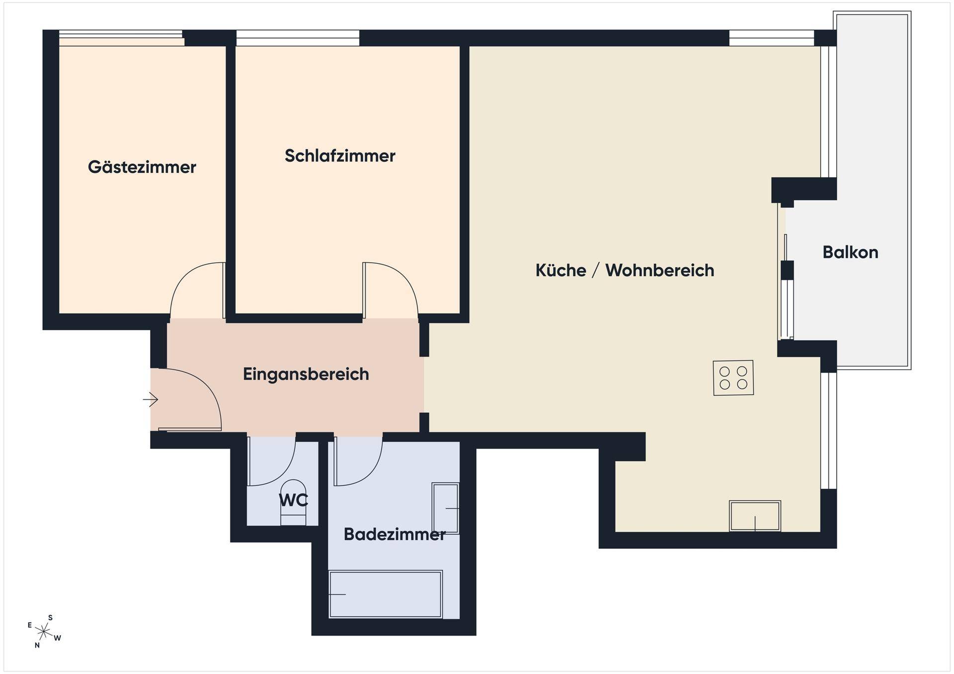 Grundriss der Wohnung mit Schlafzimmer, Gästezimmer, offenem Wohnbereich und Balkon.