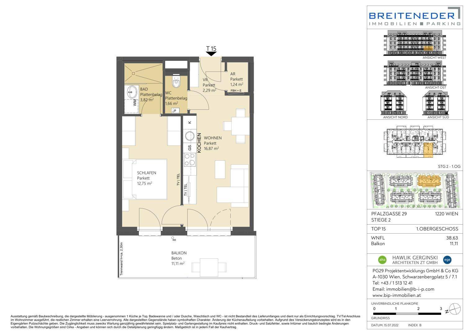 Grundriss einer Wohnung mit Balkon, Schlafzimmer, Bad und offenem Wohnbereich.