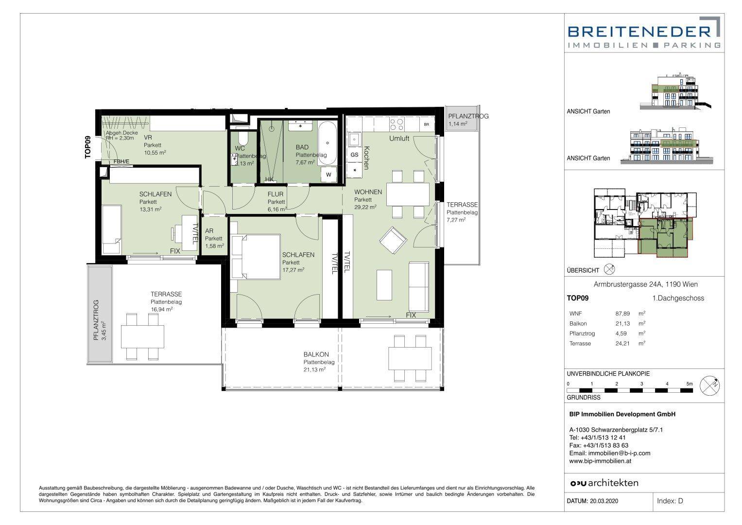Detaillierter Grundriss einer Dachgeschosswohnung mit zwei Terrassen und einem Balkon.