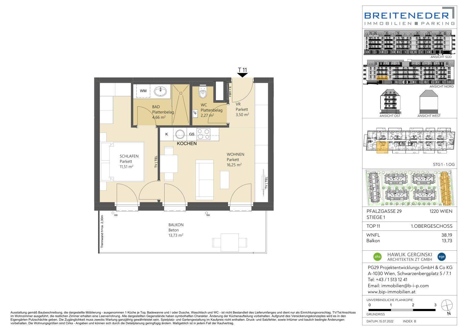 Grundriss einer Wohnung mit Schlafzimmer, Wohnbereich, Küche, Bad und Balkon.