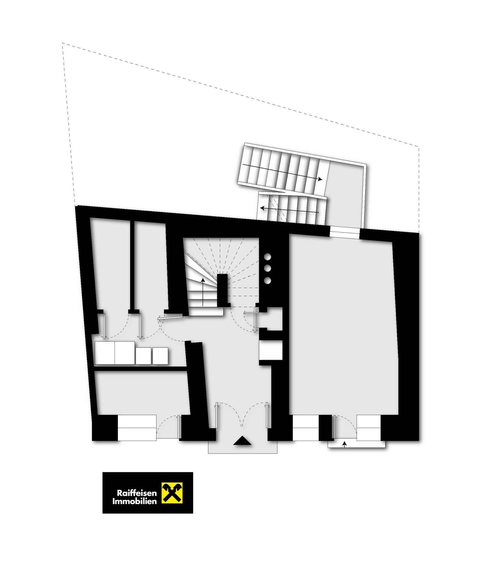Grundrissplan einer Etage mit Treppenhaus und mehreren Räumen, inklusive Außenbereich.