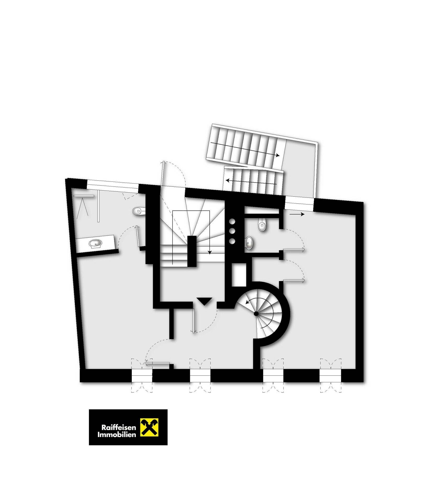 Grundrissplan einer Etage mit Hauptbad, Gäste-WC und einer markanten Wendeltreppe.