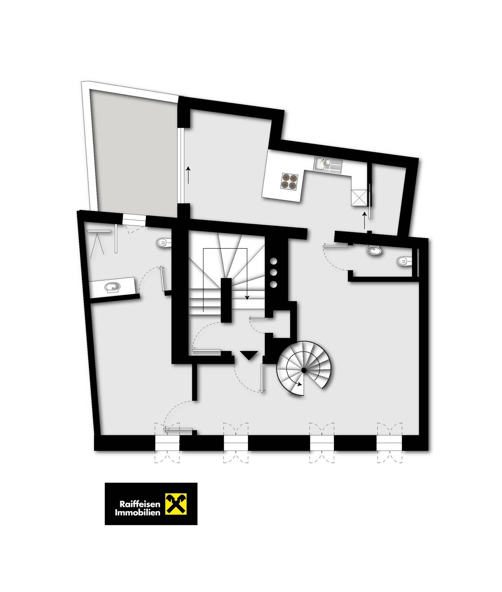 Grundrissplan einer Etage mit integrierter Küche, Badezimmer und separatem Gäste-WC.