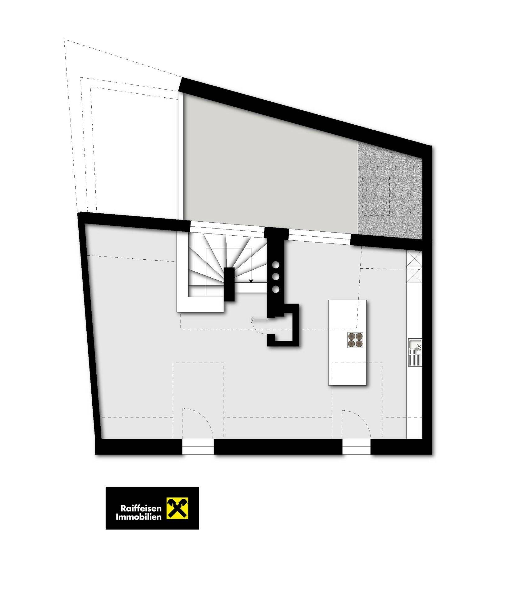 Grundrissplan einer Etage mit offener Küche, Kochinsel und direktem Zugang zu einem Außenbereich.