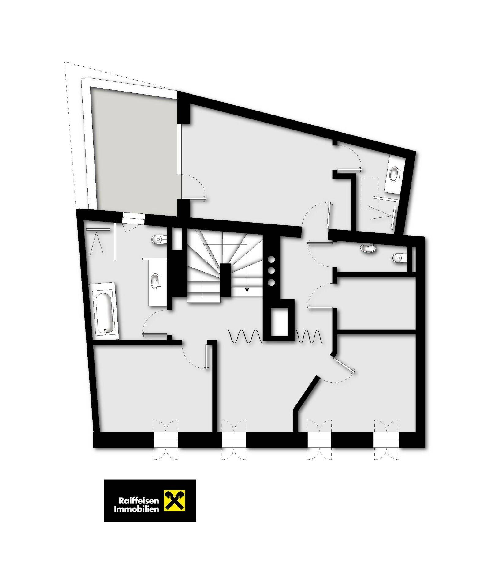 Grundrissplan einer Etage mit Badezimmer, Gäste-WC und verschiedenen Wohnbereichen.