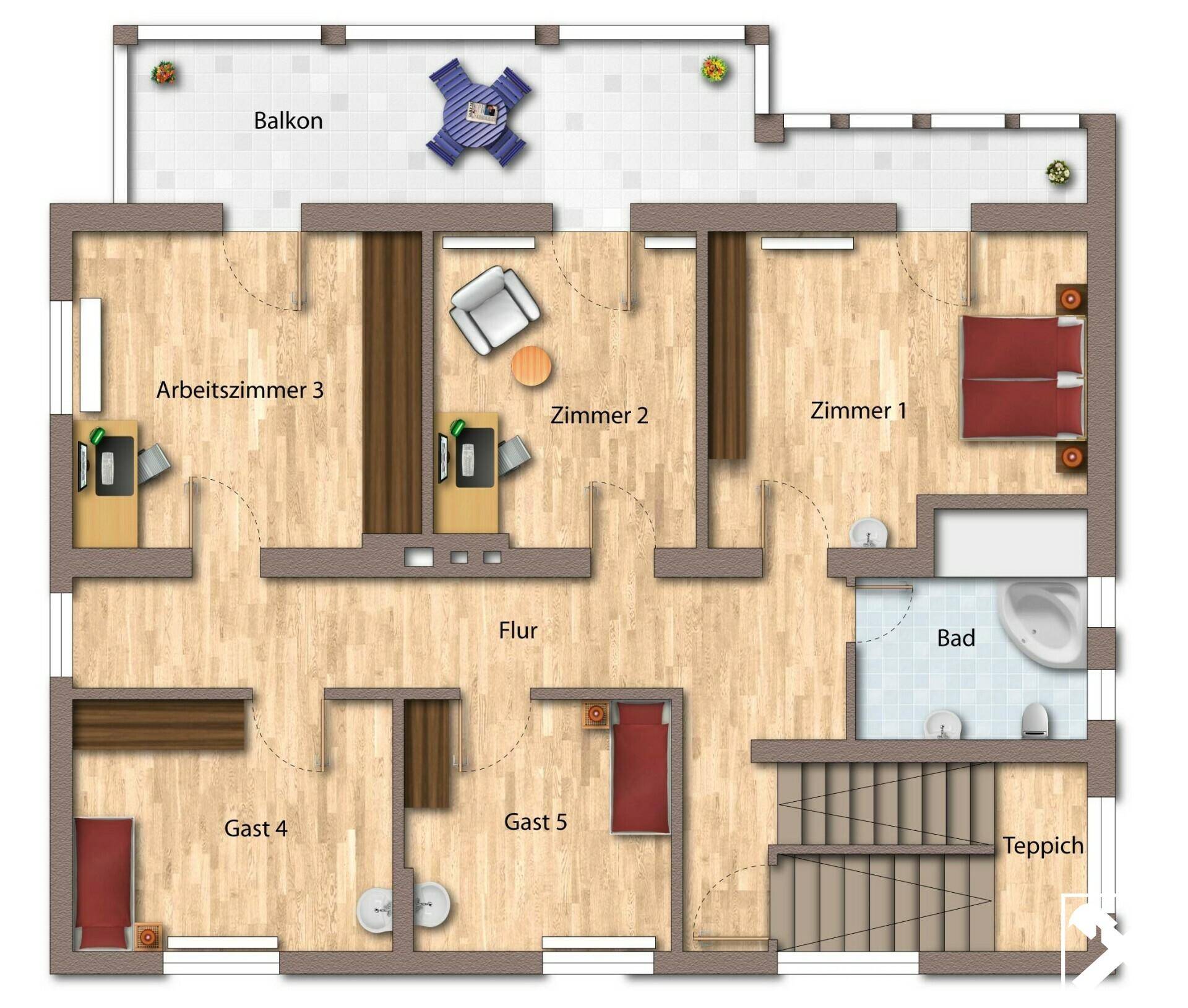 Grundriss des Obergeschosses mit drei Schlafzimmern, einem Badezimmer und Balkonzugang.