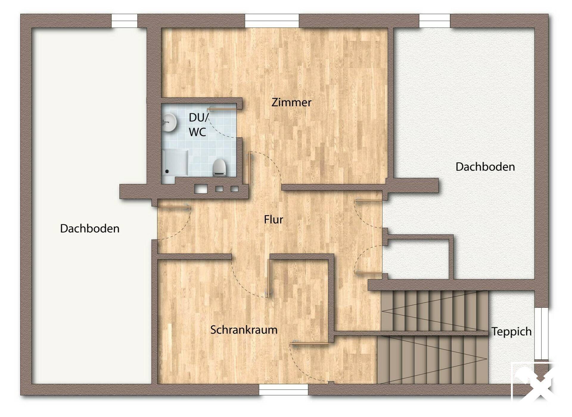 Grundriss des Dachgeschosses mit Zimmer, Dusch-WC und Stauraum unter dem Dach.