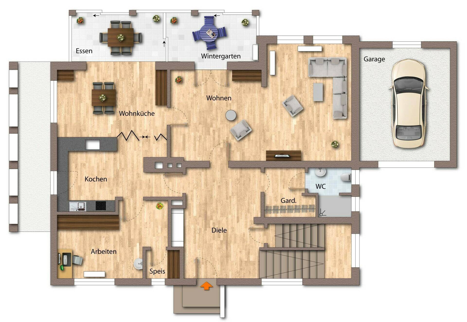 Grundriss des Erdgeschosses mit offener Wohnküche, Wohnbereich, Wintergarten und Garage.