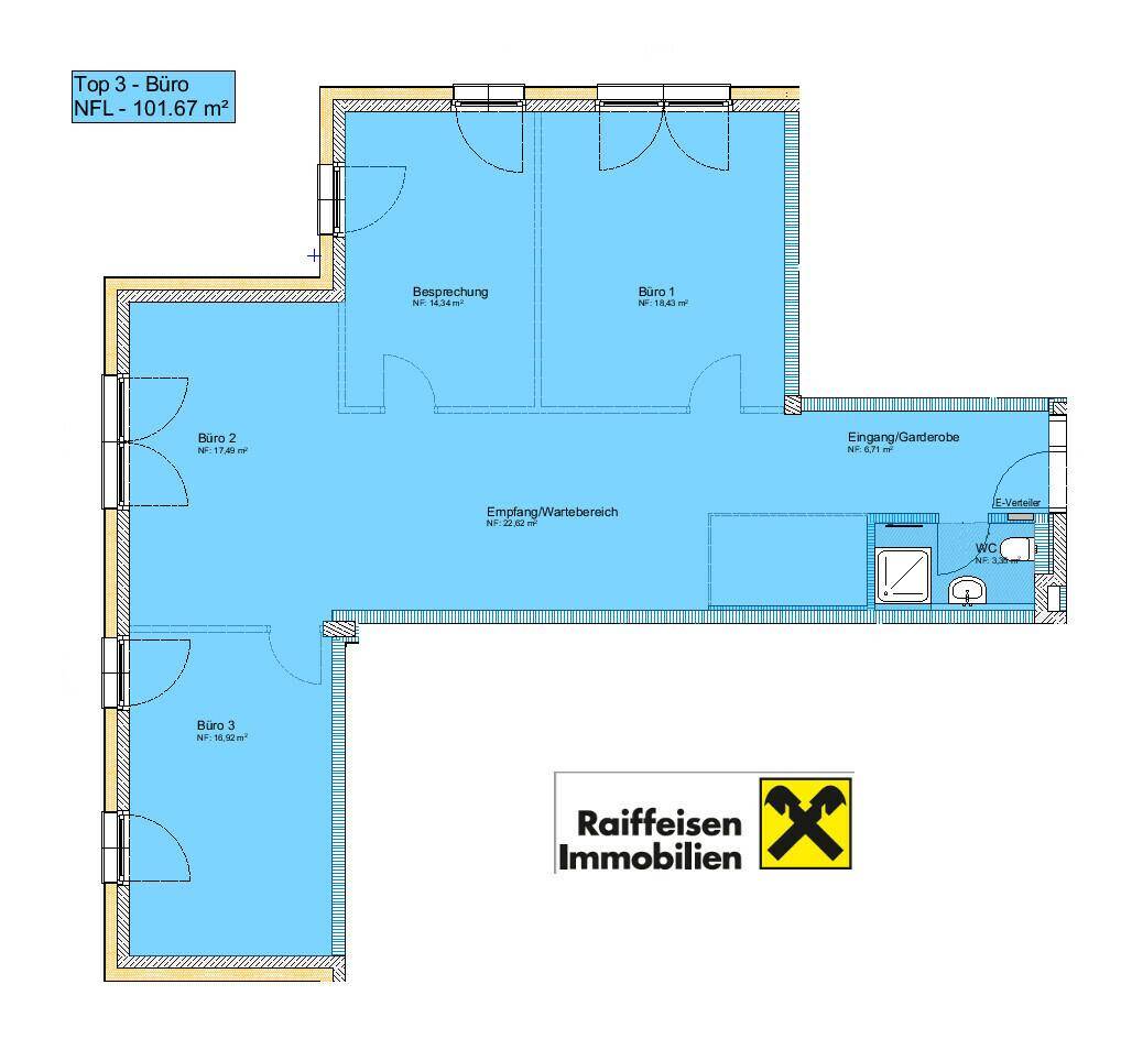Grundriss für ein Büro mit mehreren Räumen, Empfangsbereich und separater Toilette.