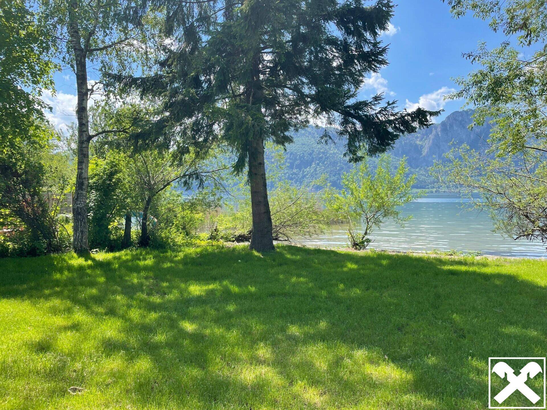 Idyllischer Blick auf den See und die Berge, eingerahmt von hohen Bäumen und grünem Rasen.