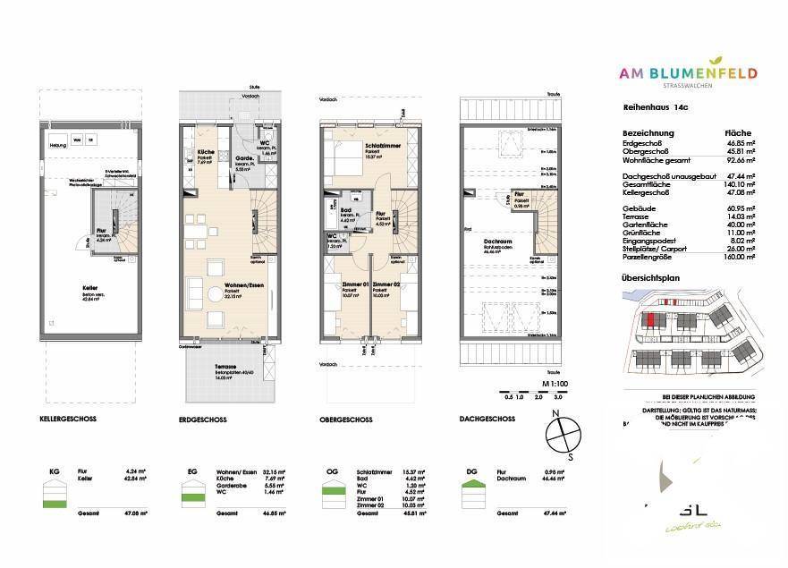 Detaillierte Grundrisse für Keller-, Erd-, Ober- und Dachgeschoss eines Reihenhauses.