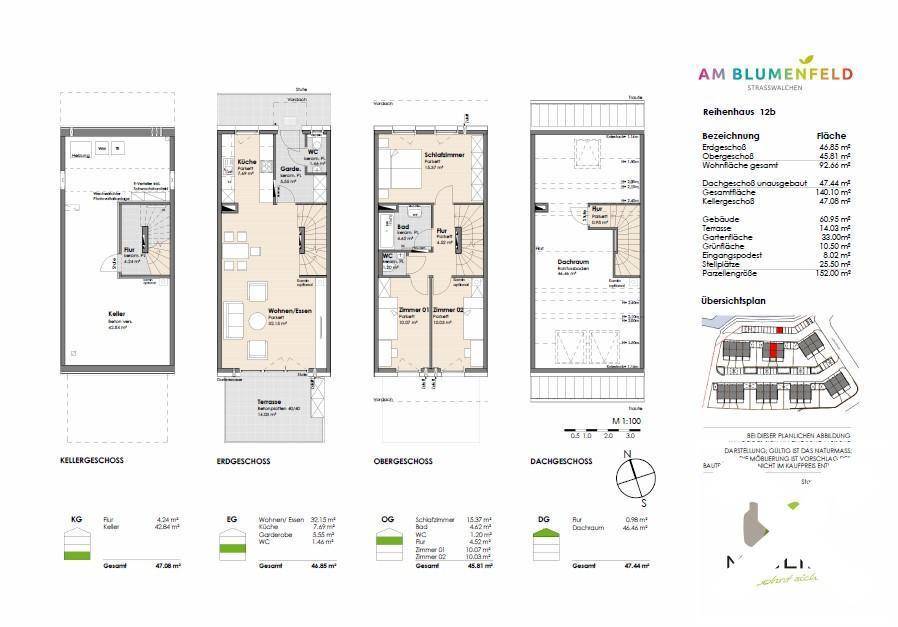 Detaillierter Grundriss eines Reihenhauses über vier Etagen mit Garten und Terrasse.
