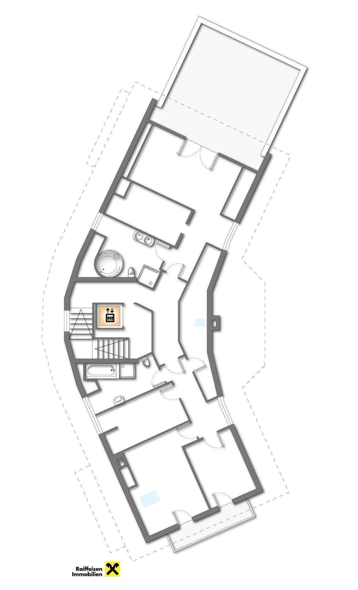 Grundrissplan mit mehreren Räumen, Treppenhaus, Aufzug und Badezimmerausstattung.