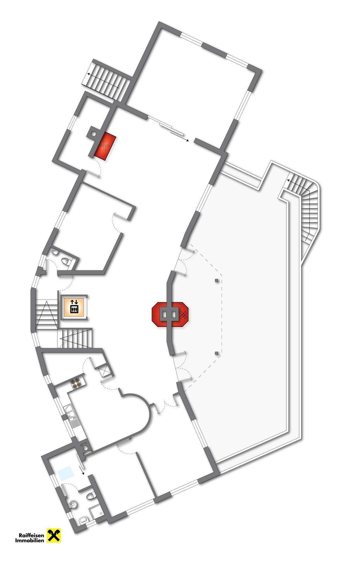 Grundrissplan einer weiteren Etage mit zentralem Kachelofen, Treppenhaus und Aufzug.