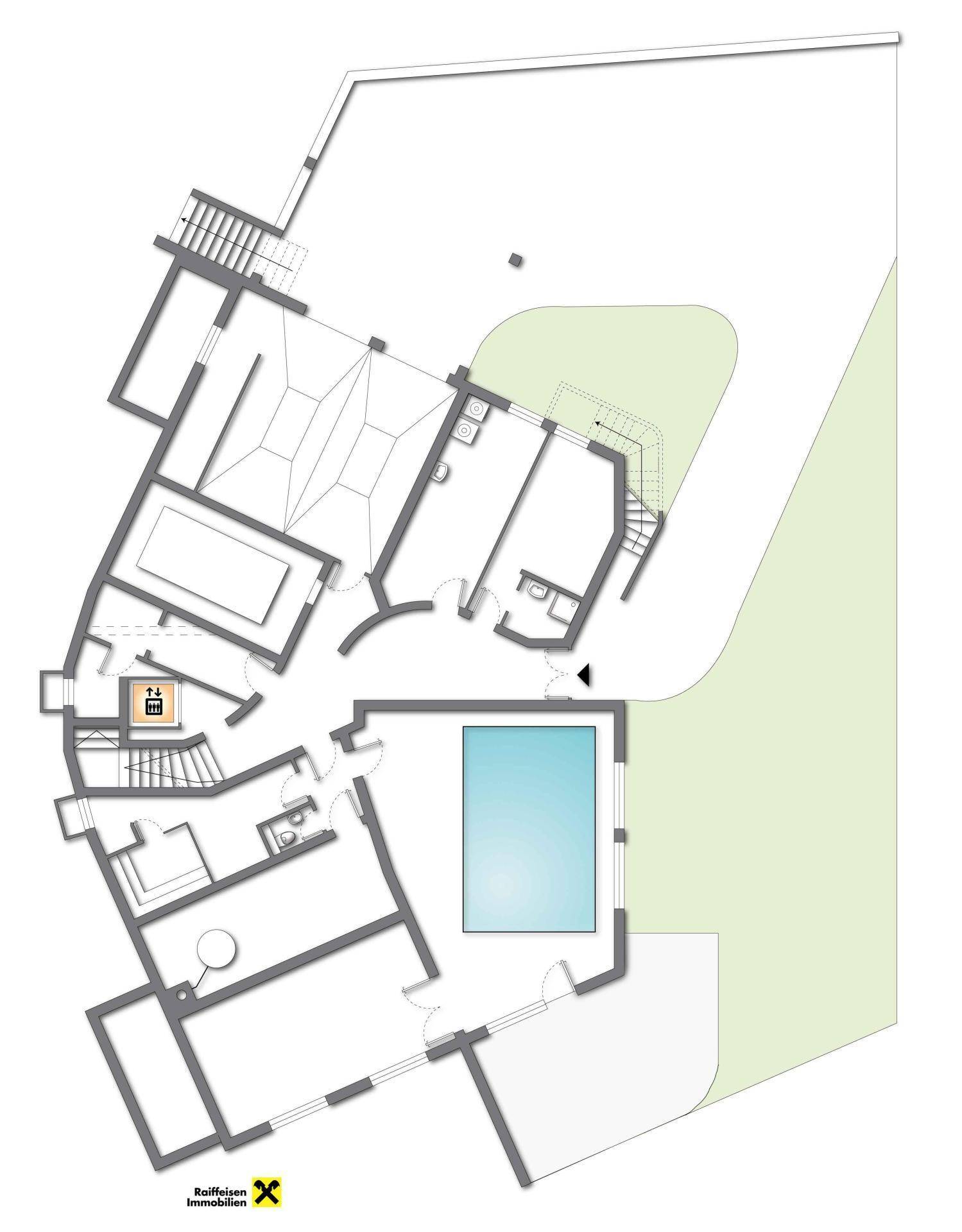 Grundrissplan mit Innenräumen, einem Außenpool und angrenzendem Gartenbereich.