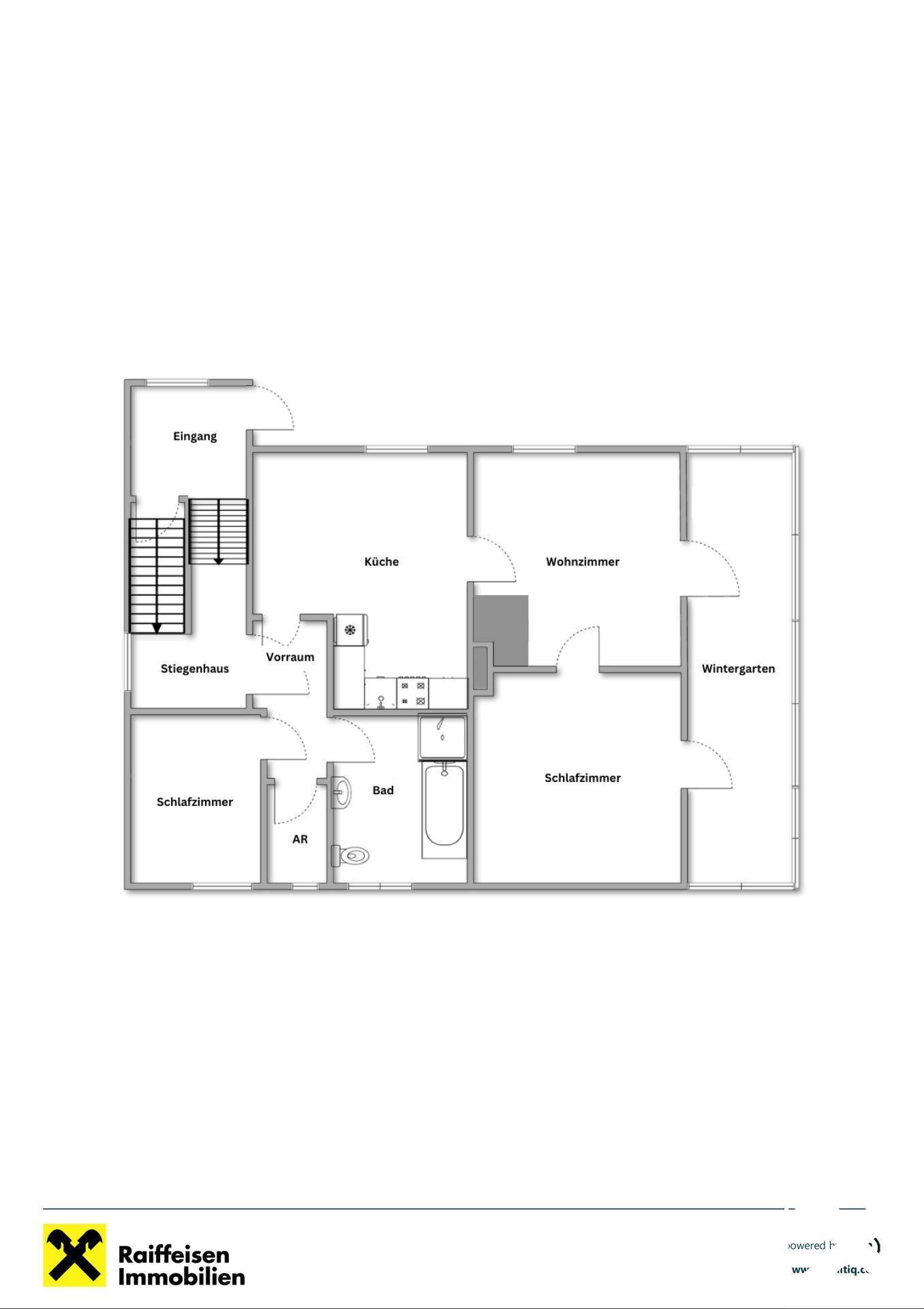Grundriss des Erdgeschosses mit Küche, Wohnzimmer, Schlafzimmer und Wintergarten.