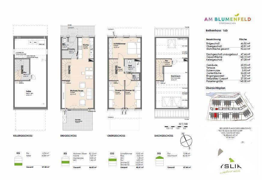 Grundrisspläne eines Reihenhauses über mehrere Etagen mit Keller, Erdgeschoss, Obergeschoss und Dachgeschoss.