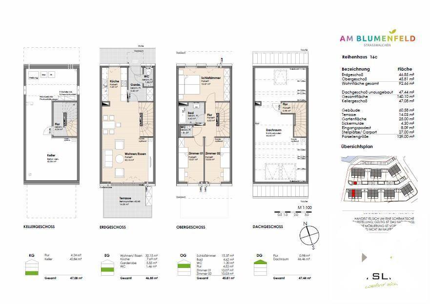 Detaillierter Grundriss eines modernen Reihenhauses über vier Etagen mit offenem Wohnbereich und Terrasse.