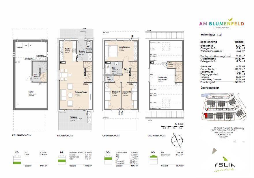 Grundrisspläne eines Reihenhauses über vier Etagen mit Keller, Erdgeschoss, Obergeschoss und Dachgeschoss, inklusive Terrasse.