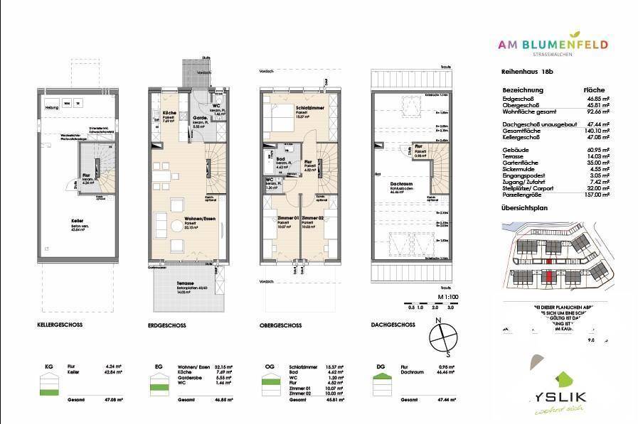 Grundriss eines Reihenhauses über vier Etagen mit Keller, offenem Wohnbereich, drei Schlafzimmern und Terrasse.