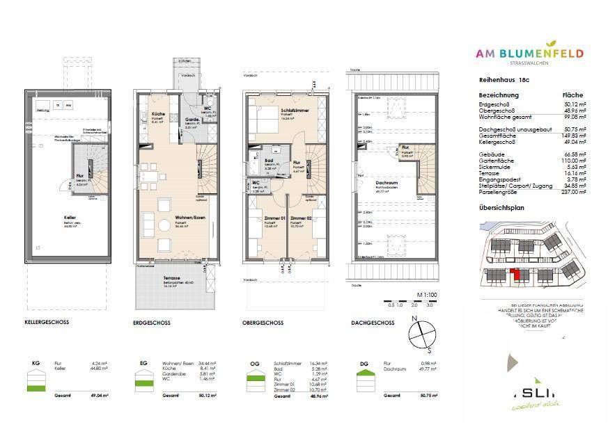 Grundriss eines Reihenhauses über mehrere Etagen mit offenem Wohnbereich, Terrasse und Dachraum.